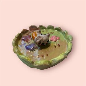 Handcrafted Green Ceramic Dish with Cat Figurine